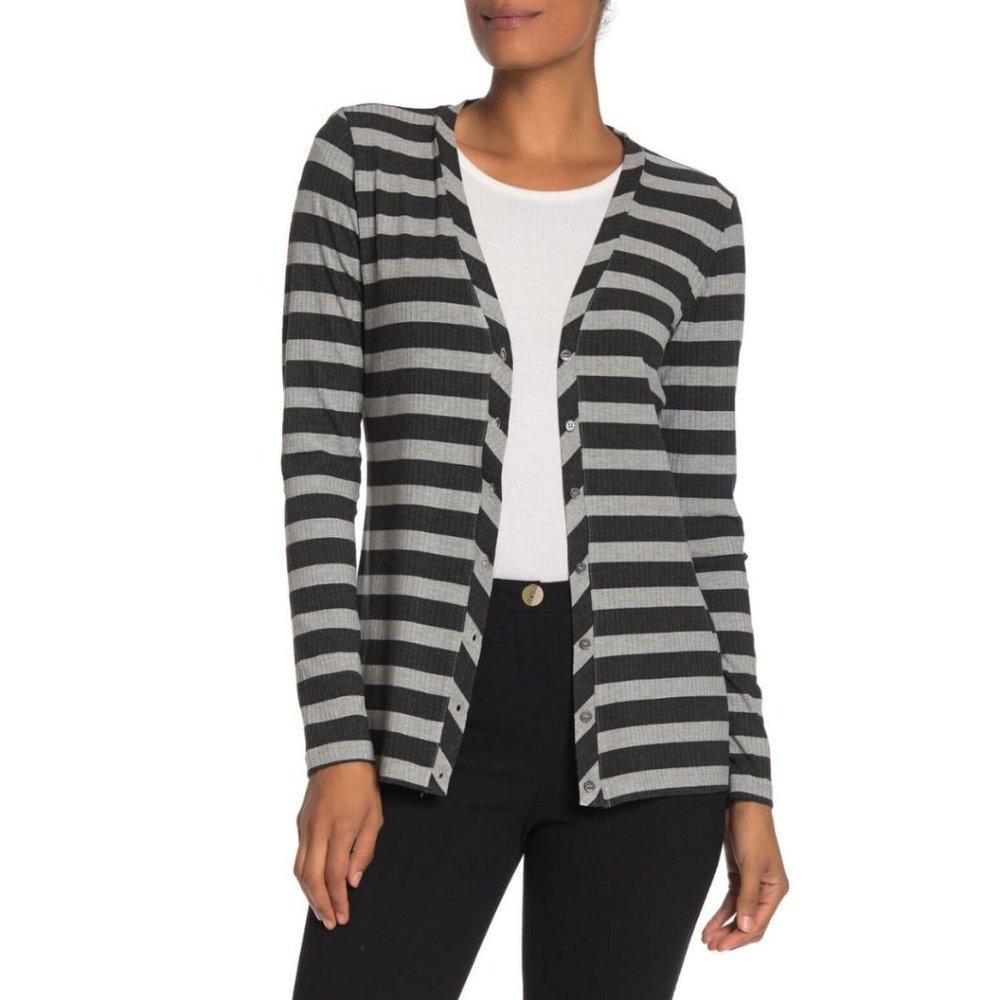 M Magaschoni Long Sleeve Striped Ribbed Knit Cardigan Size XSmall Grey/Black NWT
